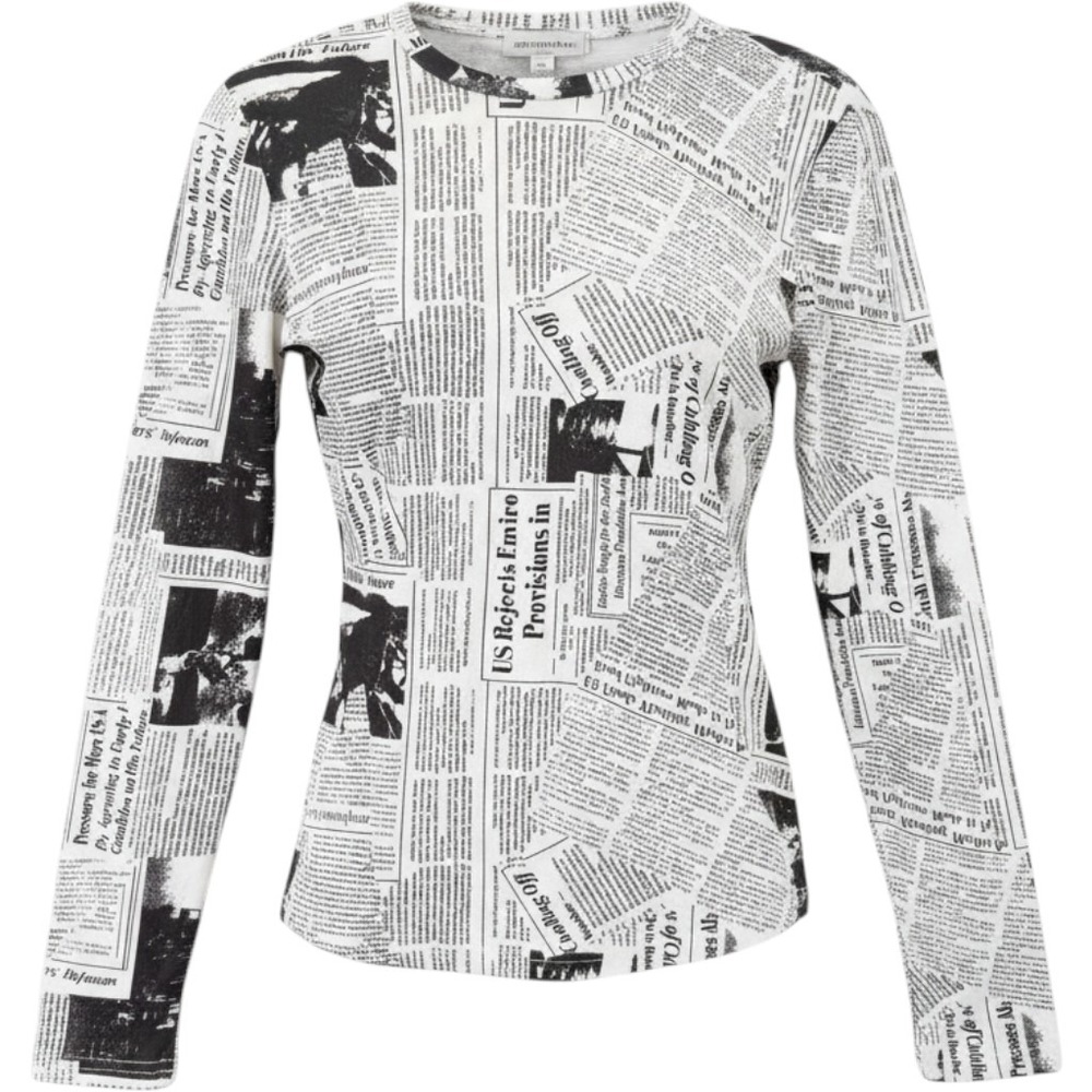 Loness Top Women M White Black Newspaper Print Long Sleeve Crew Neck Graphic Tee